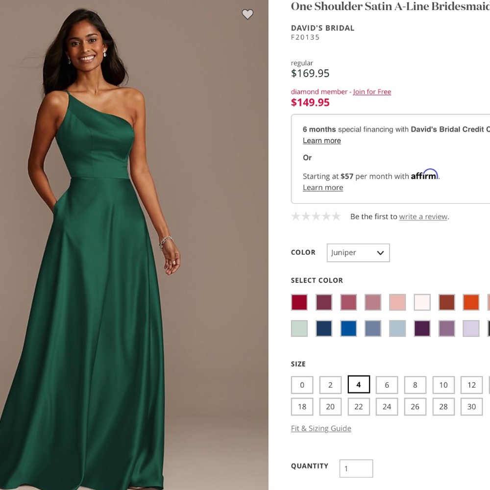 David's Bridal - One Shoulder Satin A-Line Bridesmaid Dress